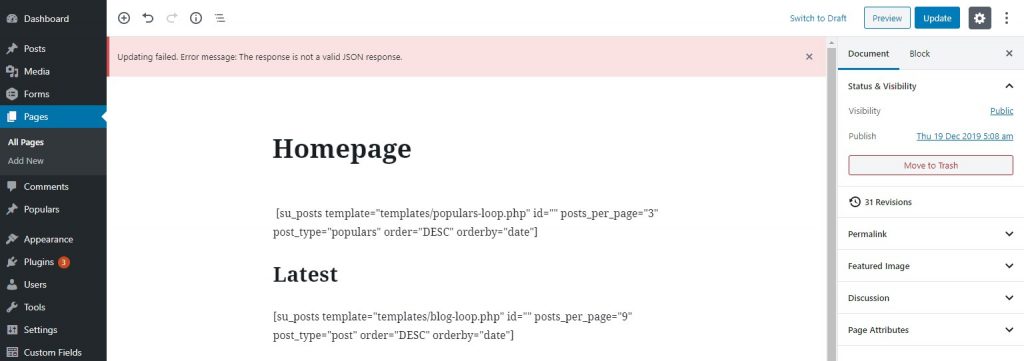 Wordpress error - "Updating failed. Error Message: The response is not a valid JSON response"